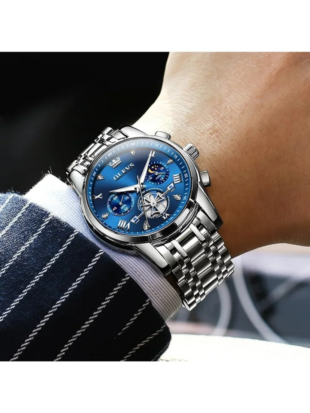 Men's Blue / Silver Stainless Steel Chronograph Waterproof Quartz Dress Watch